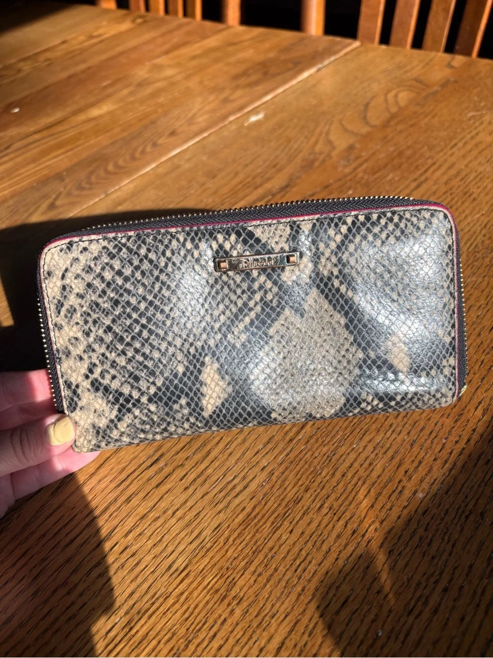 Stella & Dot Snake-Print Zip Wallet - Black & Beige